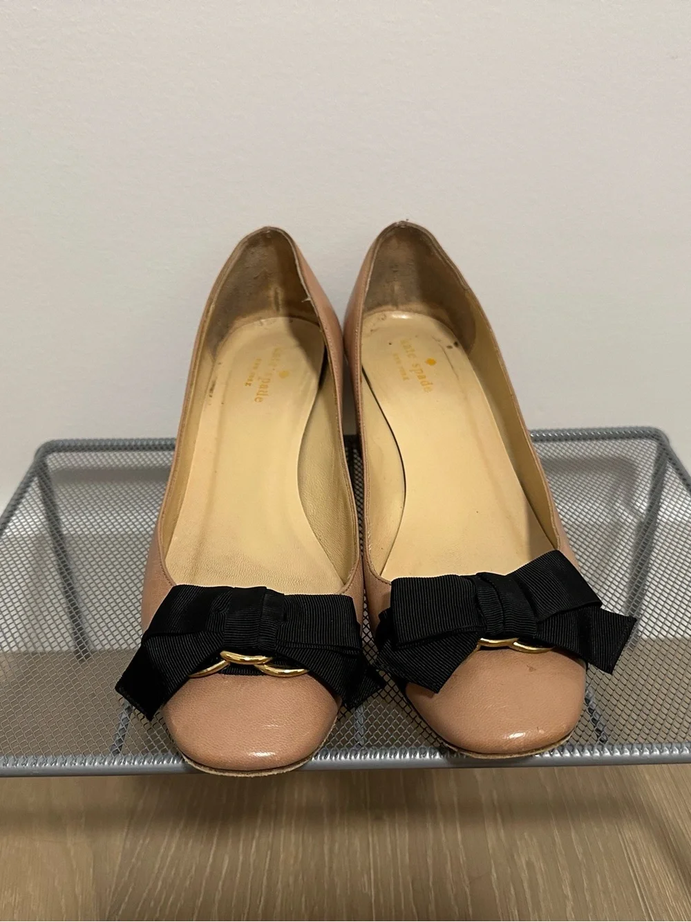 kate spade Blush Leather Block Heel Pumps with Black Bow